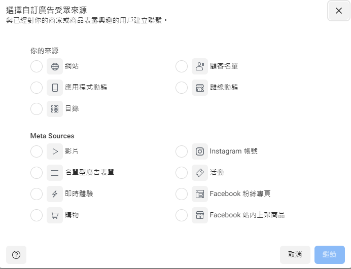 FB自訂廣告受眾選項