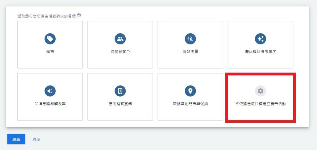 7種不同的行銷目標分別對應不同的Google廣告活動類型